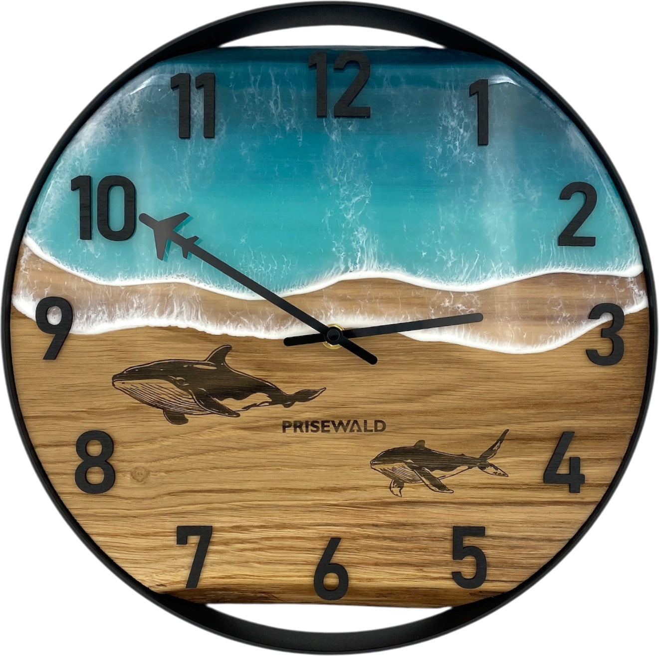 Round wall clock made of oak wood, 35 cm, black frame, Arabic numerals, blue epoxy resin, whales