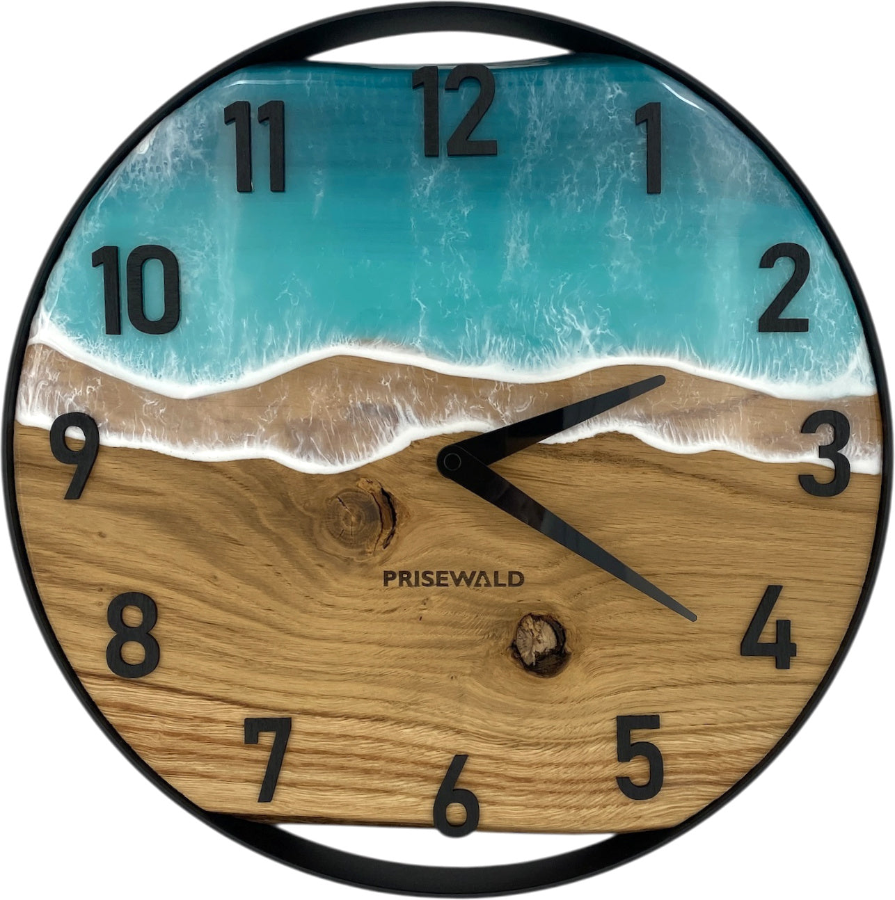 Round wall clock made of oak wood, 35 cm, black frame, Arabic numerals, blue epoxy resin
