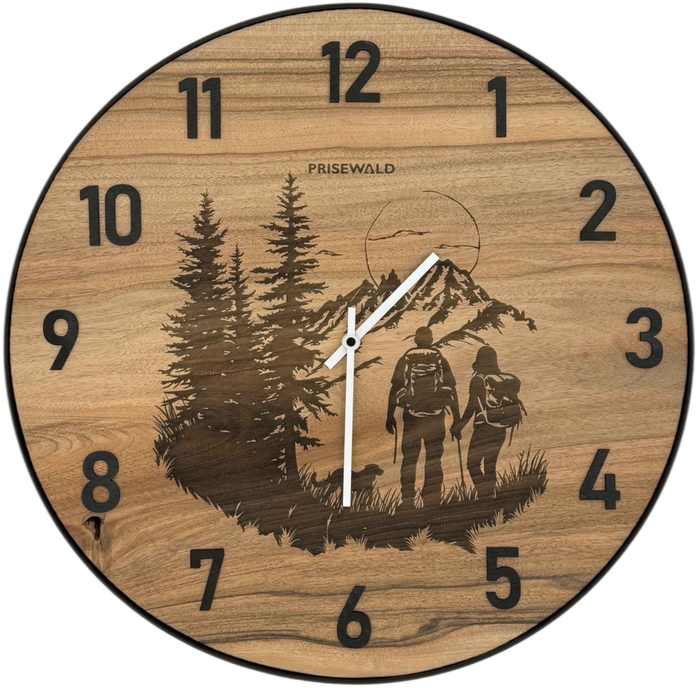 Runde Wanduhr aus Walnussholz, 50 cm, schwarzer Rahmen, arabische Ziffern, Wanderer in den Bergen