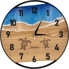 Runde Wanduhr aus Eschenholz, 50 cm, schwarzer Rahmen, arabische Ziffern, blaues Epoxidharz