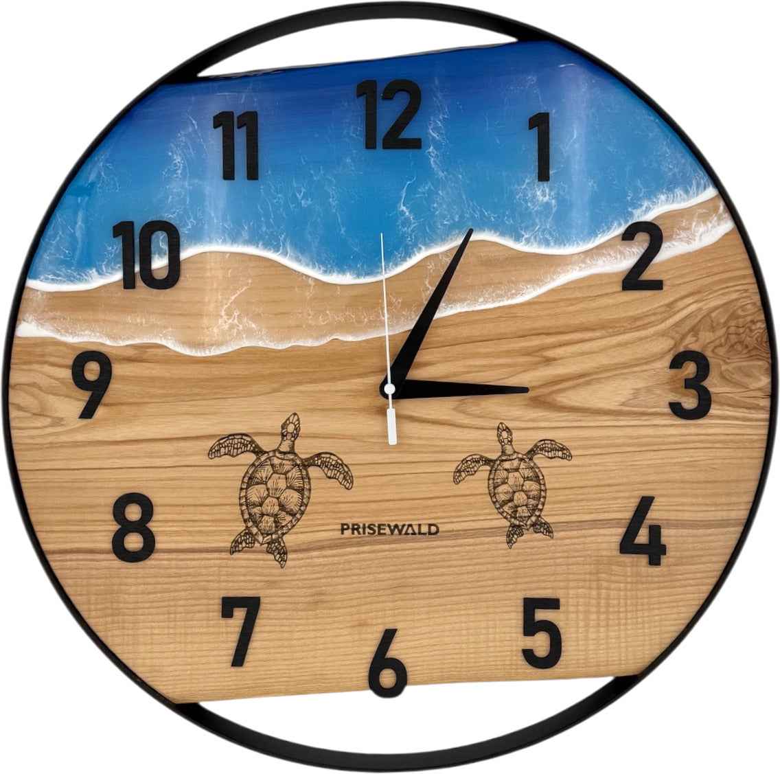 Runde Wanduhr aus Eschenholz, 50 cm, schwarzer Rahmen, arabische Ziffern, blaues Epoxidharz