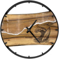 Runde Wanduhr aus Walnussholz, 50 cm, schwarzer Rahmen, Teilstriche Ziffern, Durchsichtiges Epoxidharz, Surfbrett
