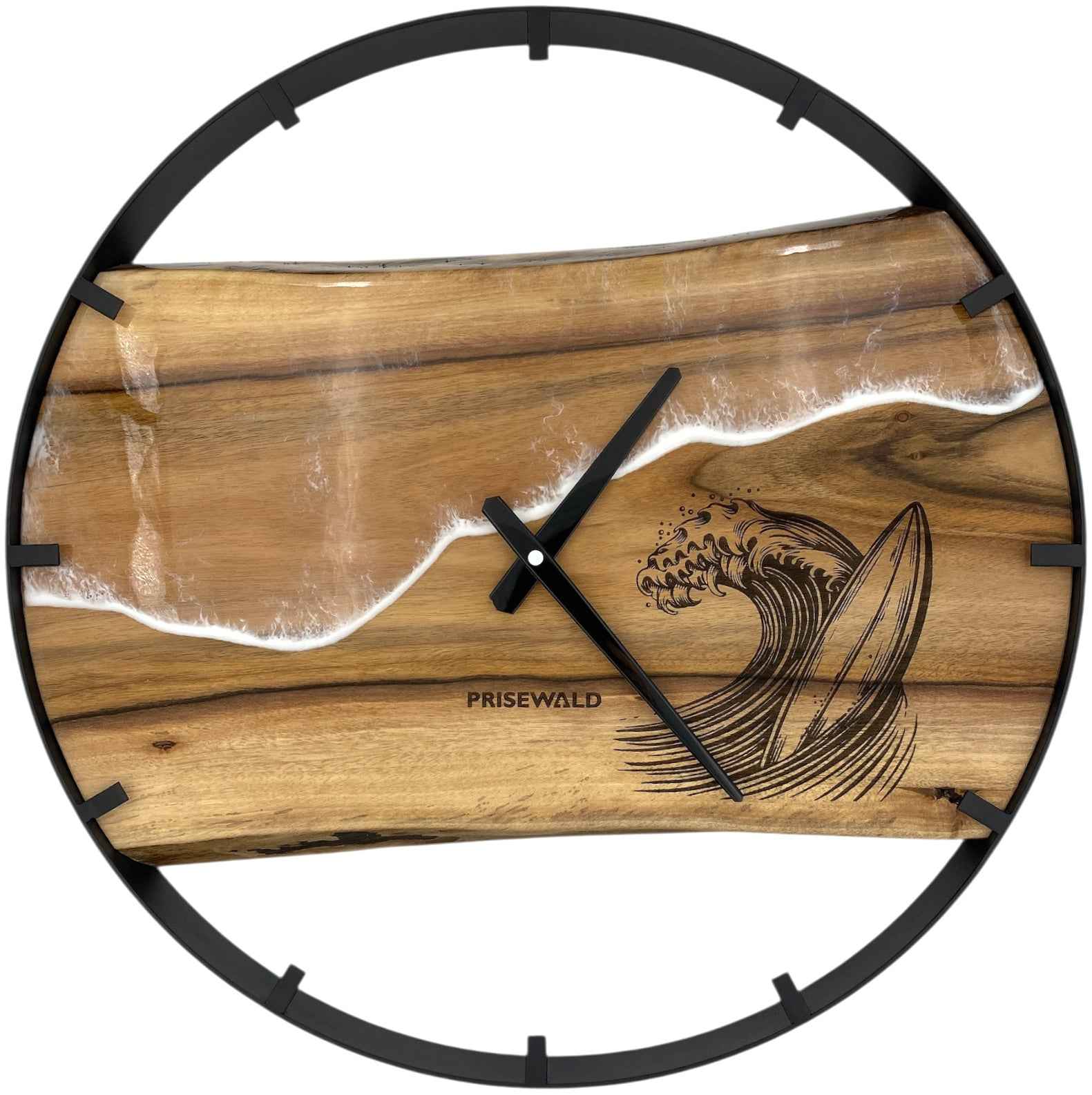 Runde Wanduhr aus Walnussholz, 50 cm, schwarzer Rahmen, Teilstriche Ziffern, Durchsichtiges Epoxidharz, Surfbrett