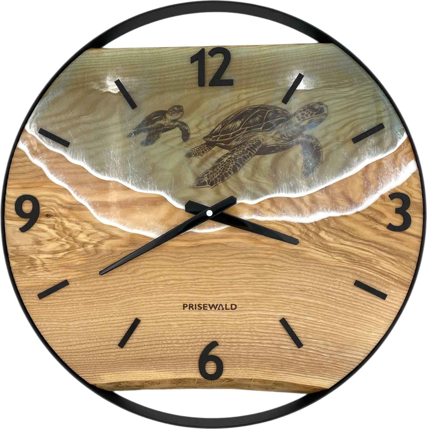 Runde Wanduhr aus Eschenholz, 50 cm, schwarzer Rahmen, arabische Ziffern, Durchsichtiges Epoxidharz, zwei Schildkröten