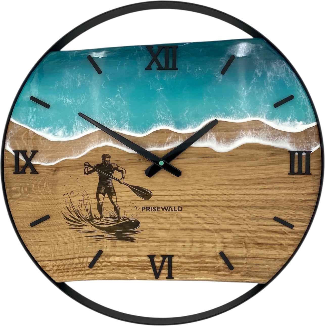 Runde Wanduhr aus Eichenholz, 50 cm, schwarzer Rahmen, römische Ziffern, blaues Epoxidharz, SUP-Board