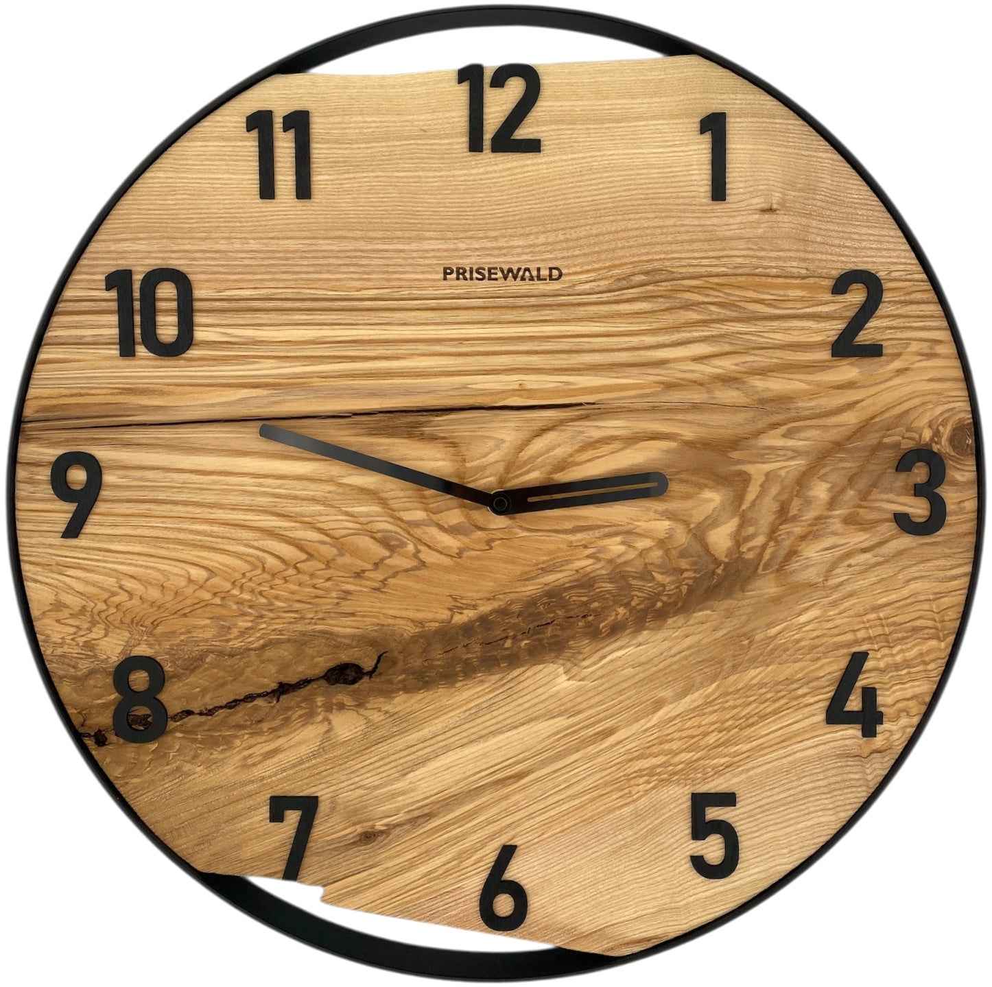 Runde Wanduhr aus Eschenholz, 50 cm, schwarzer Rahmen, arabische Ziffern