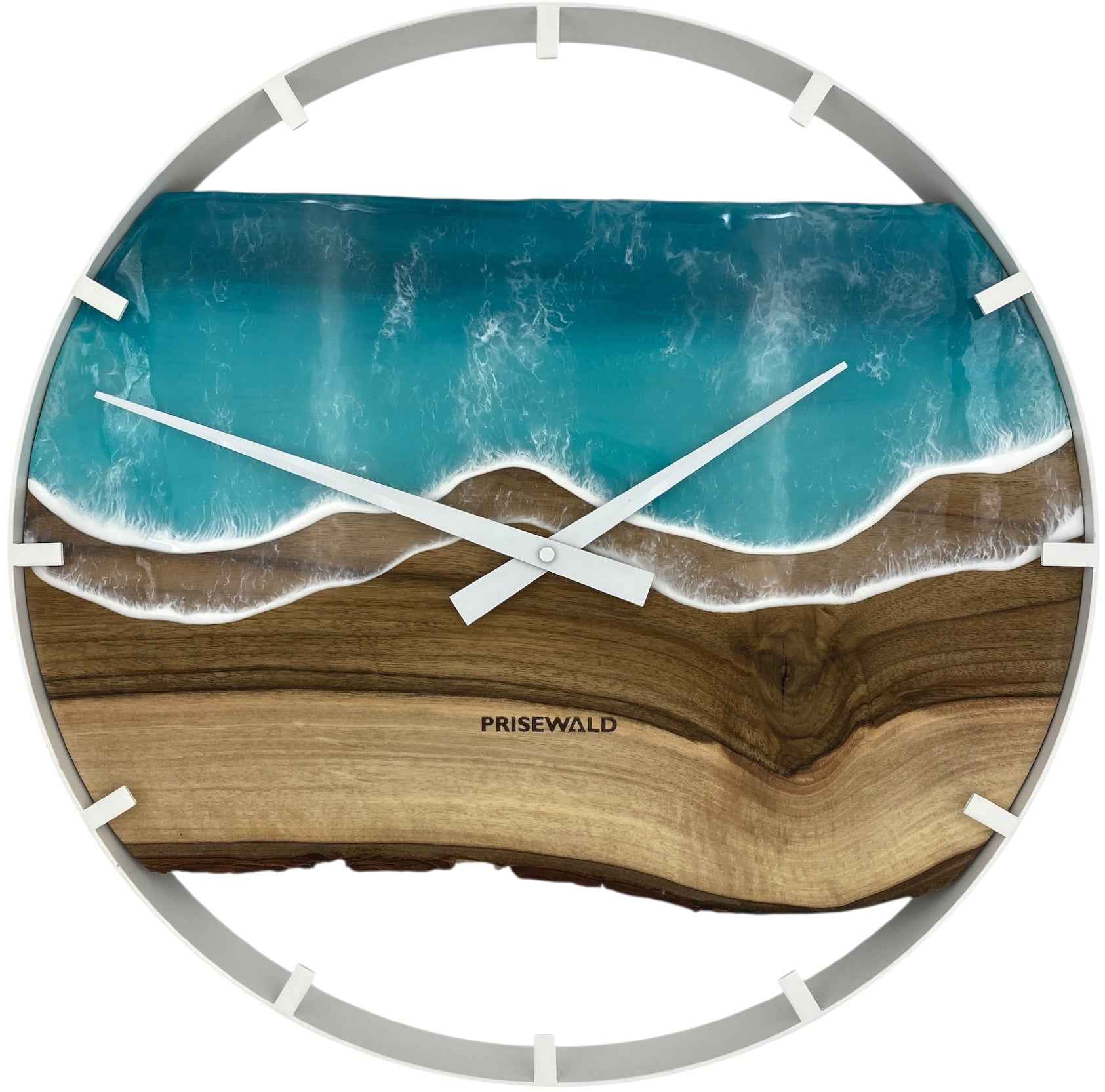 Runde Wanduhr aus Walnussholz, 50 cm, weisser Rahmen, Teilstriche Ziffern, blaues Epoxidharz