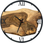 Runde Wanduhr aus Walnussholz, 50 cm, schwarzer Rahmen, römische Ziffern