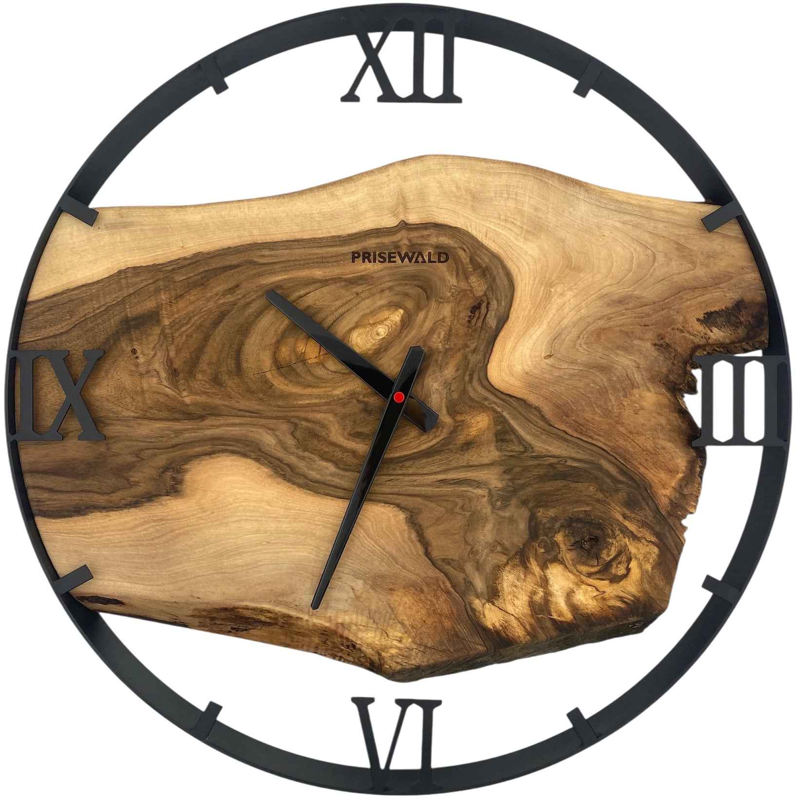 Runde Wanduhr aus Walnussholz, 50 cm, schwarzer Rahmen, römische Ziffern
