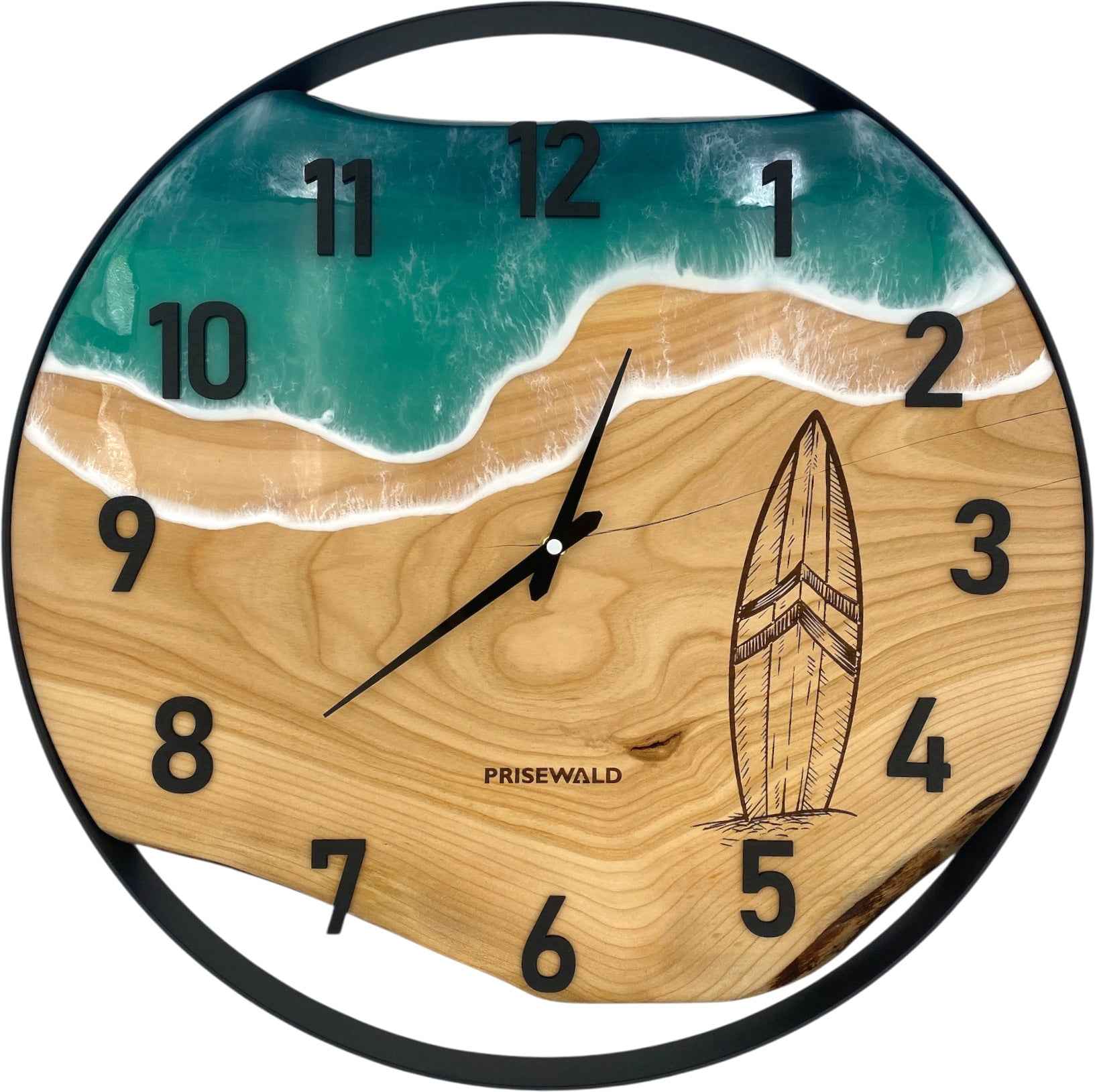 Runde Wanduhr aus Eschenholz, 50 cm, schwarzer Rahmen, arabische Ziffern, türkises Epoxidharz, Surfbrett