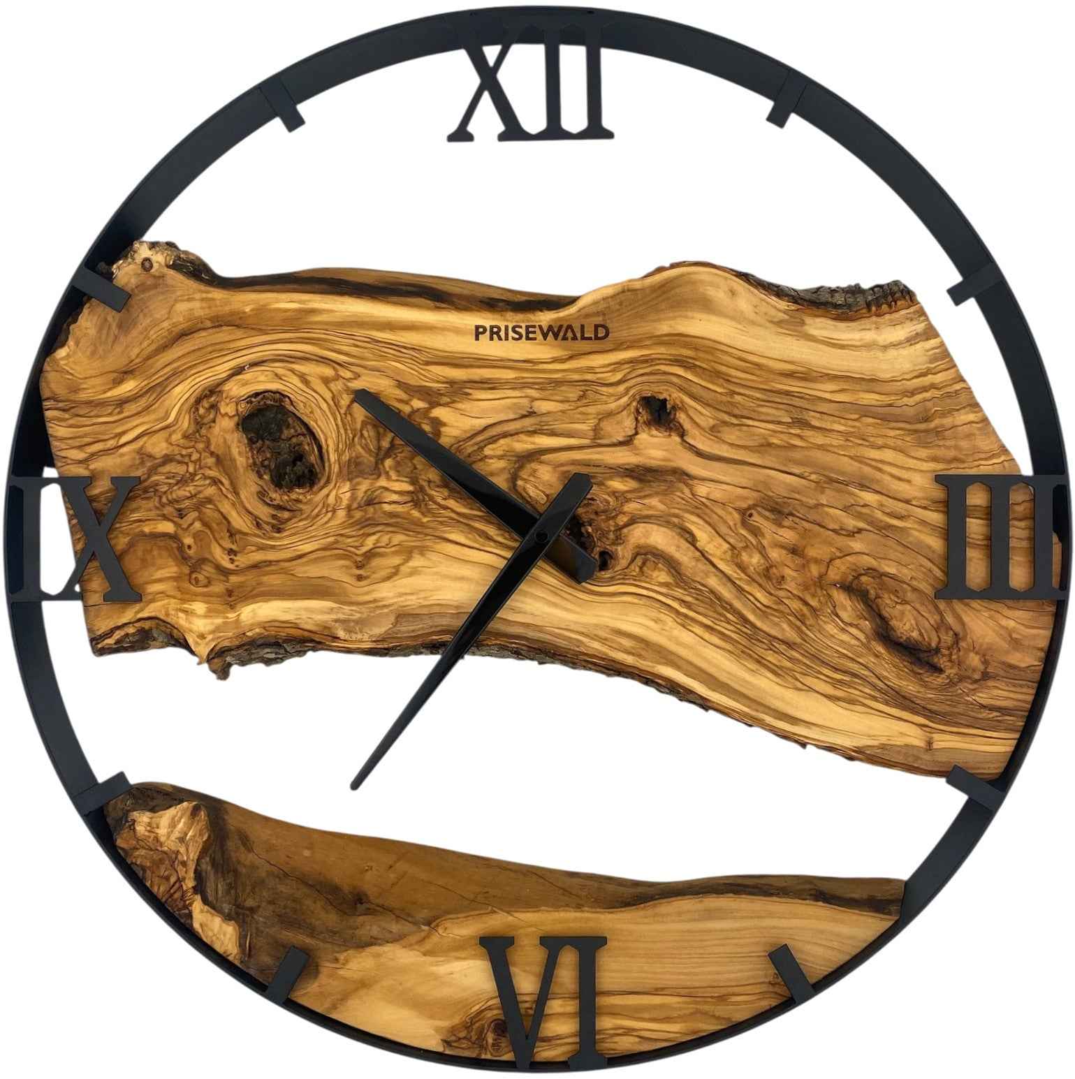 Runde Wanduhr aus Olivenholz, 50 cm, schwarzer Rahmen, römische Ziffern