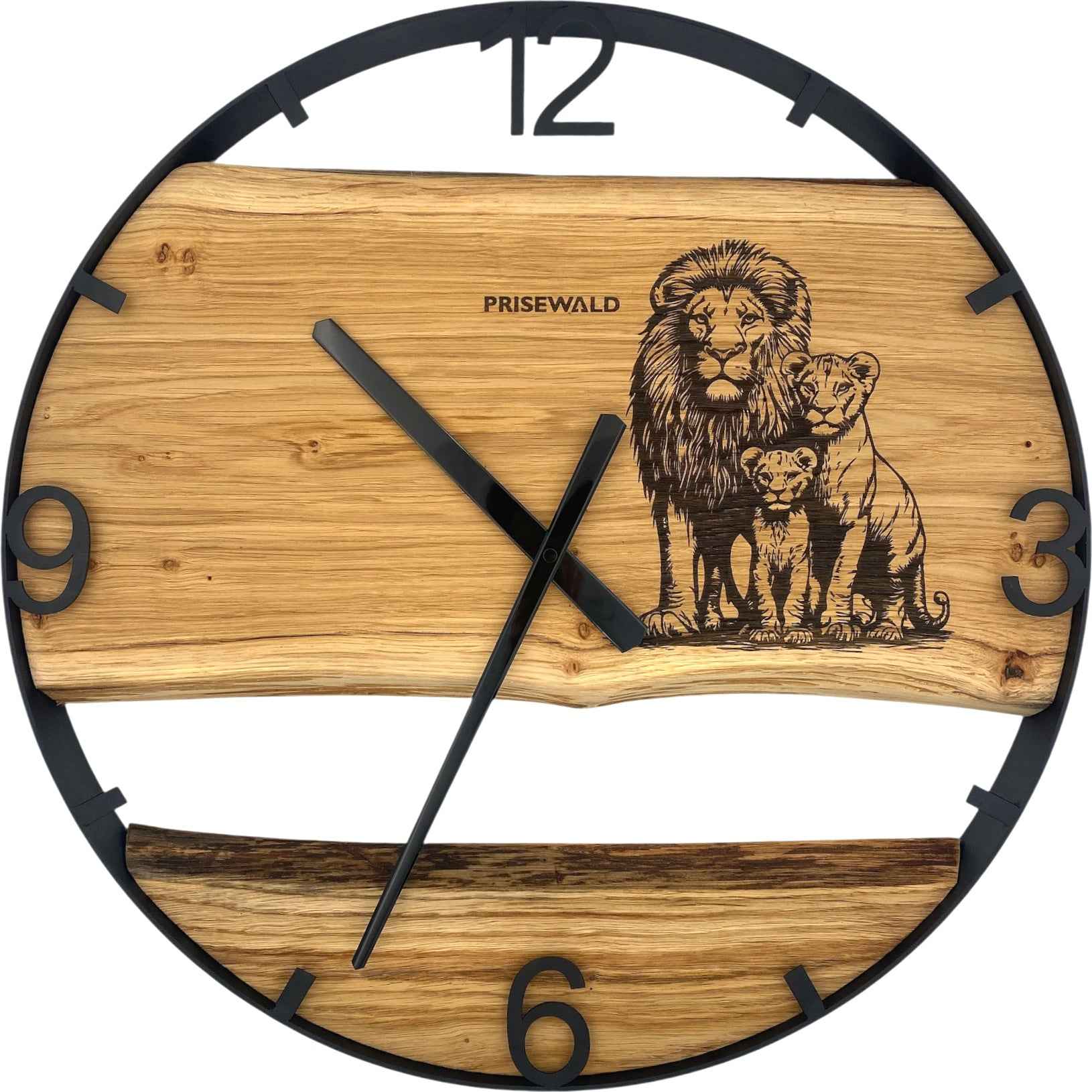 Runde Wanduhr aus Eichenholz, 50 cm, schwarzer Rahmen, arabische Ziffern, Löwenfamilie, Simba