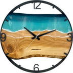 Runde Wanduhr aus Eschenholz, 50 cm, schwarzer Rahmen, arabische Ziffern, türkises Epoxidharz
