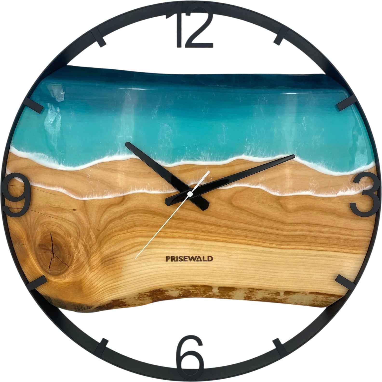 Runde Wanduhr aus Eschenholz, 50 cm, schwarzer Rahmen, arabische Ziffern, türkises Epoxidharz