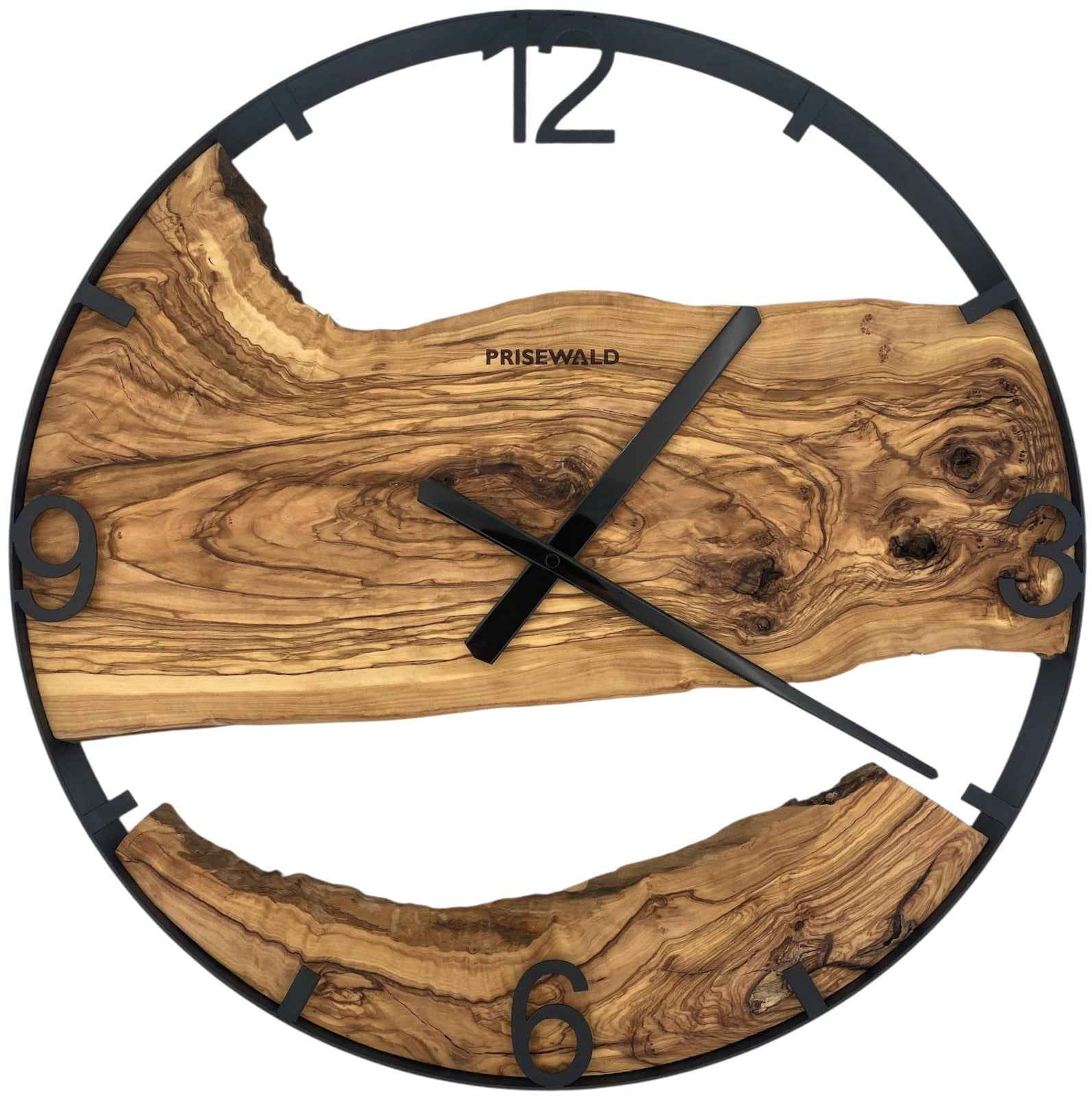 Runde Wanduhr aus Olivenholz, 50 cm, schwarzer Rahmen, arabische Ziffern