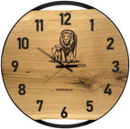 Runde Wanduhr aus Eichenholz, 50 cm, schwarzer Rahmen, arabische Ziffern, Löwenfamilie, Simba