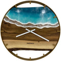 Runde Wanduhr aus Walnussholz, 50 cm, goldener Rahmen, Teilstriche Ziffern, türkises Epoxidharz
