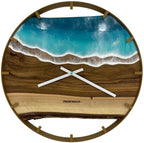Runde Wanduhr aus Walnussholz, 50 cm, goldener Rahmen, Teilstriche Ziffern, türkises Epoxidharz