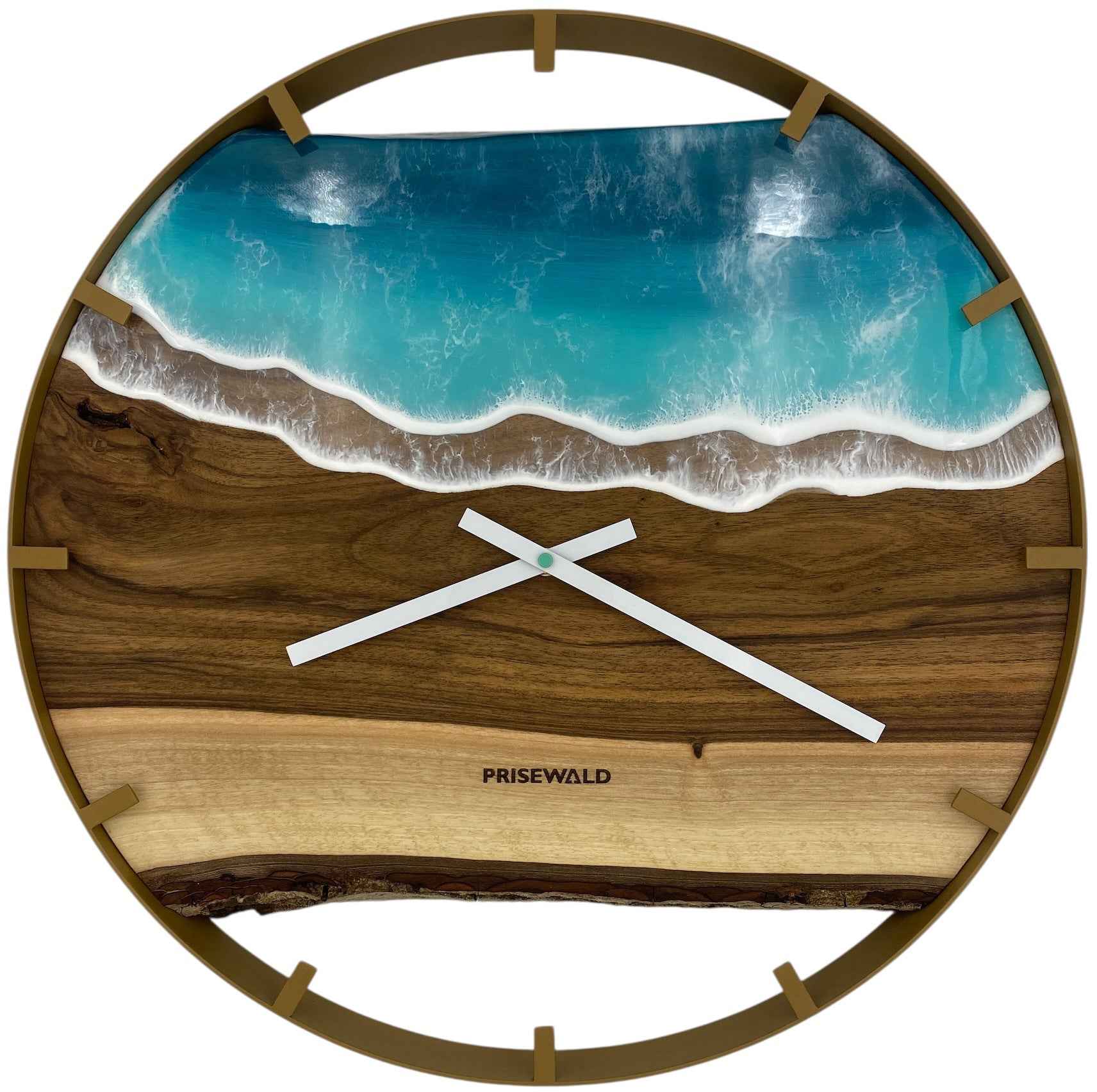Runde Wanduhr aus Walnussholz, 50 cm, goldener Rahmen, Teilstriche Ziffern, türkises Epoxidharz