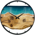 Runde Wanduhr aus Eschenholz, 50 cm, schwarzer Rahmen, Teilstriche Ziffern, türkises Epoxidharz, Palmen