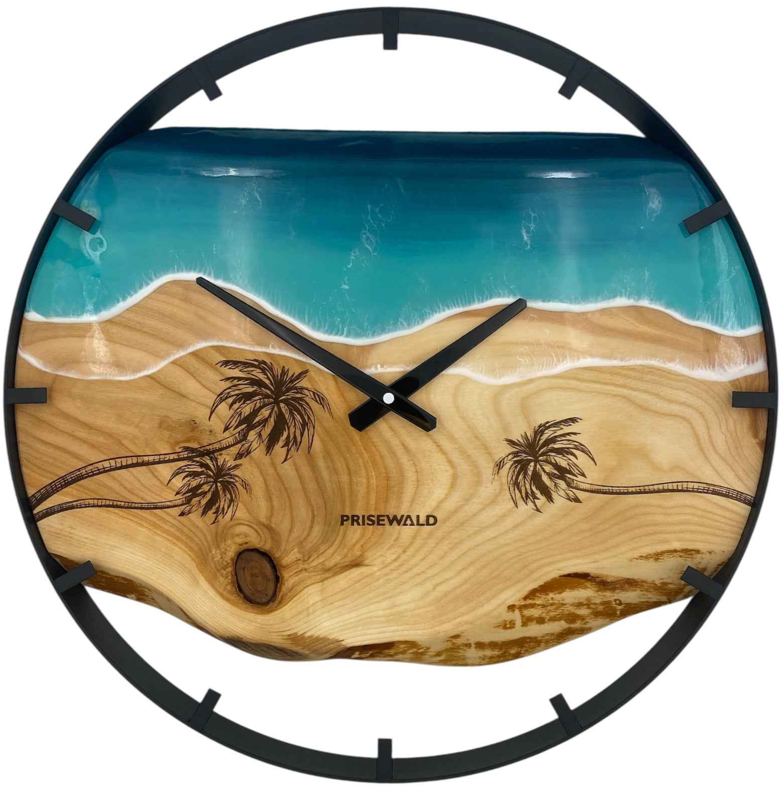 Runde Wanduhr aus Eschenholz, 50 cm, schwarzer Rahmen, Teilstriche Ziffern, türkises Epoxidharz, Palmen