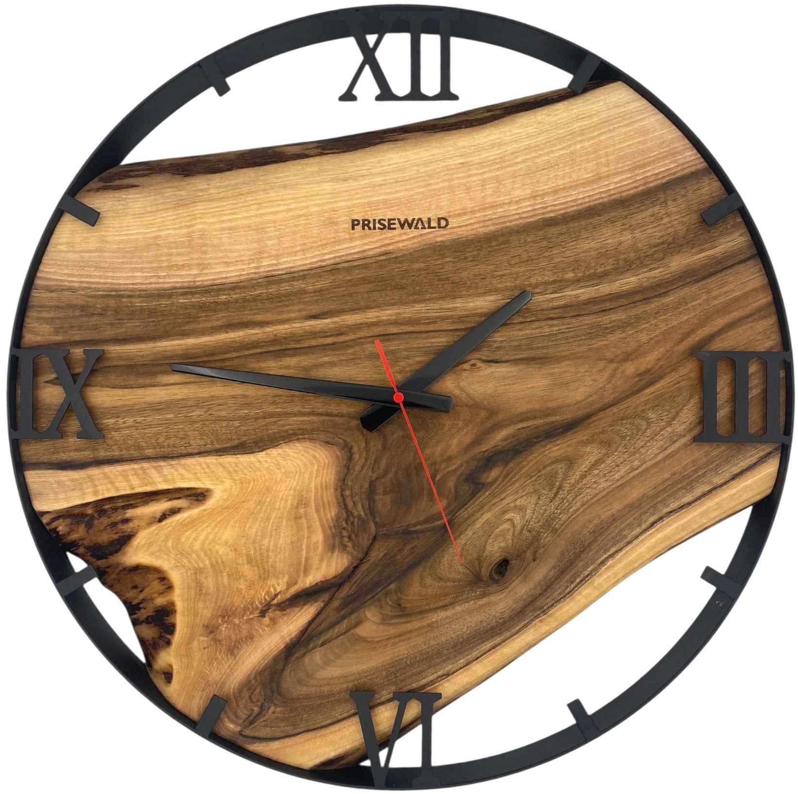 Runde Wanduhr aus Walnussholz, 50 cm, schwarzer Rahmen, römische Ziffern