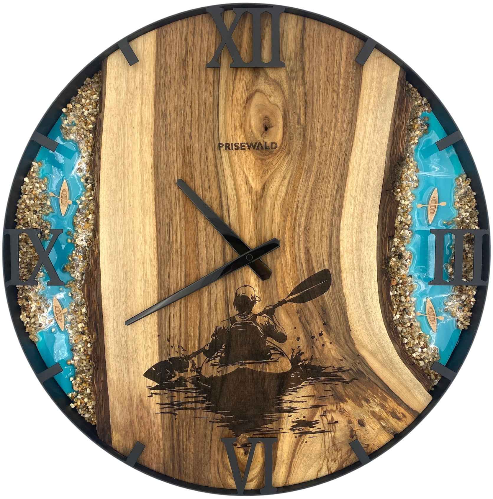 Runde Wanduhr aus Walnussholz, 50 cm, schwarzer Rahmen, römische Ziffern, blaues Epoxidharz, Steine, Küste, Kajak