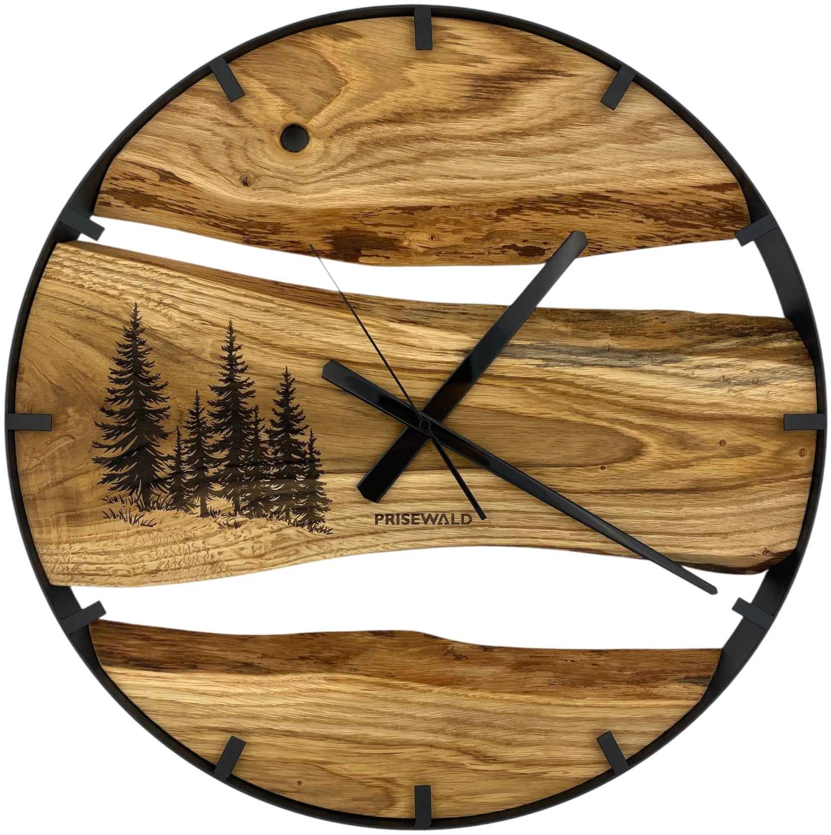 Runde Wanduhr aus Eichenholz, 50 cm, schwarzer Rahmen, Teilstriche Ziffern, Nadelbäume