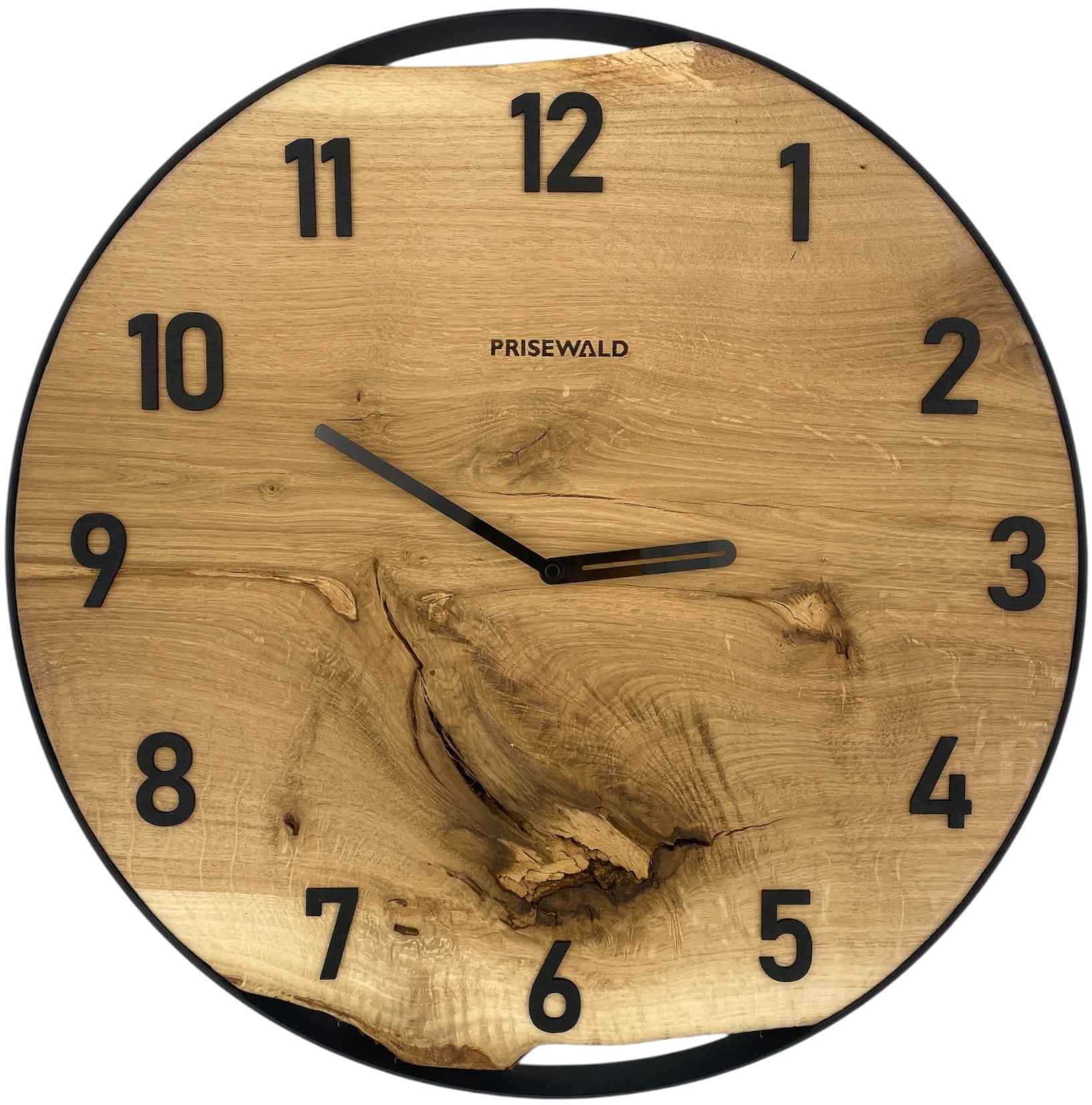 Runde Wanduhr aus Eichenholz, 50 cm, schwarzer Rahmen, arabische Ziffern, Ast im Holz