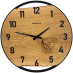 Runde Wanduhr aus Eichenholz, 50 cm, schwarzer Rahmen, arabische Ziffern, Ast im Holz