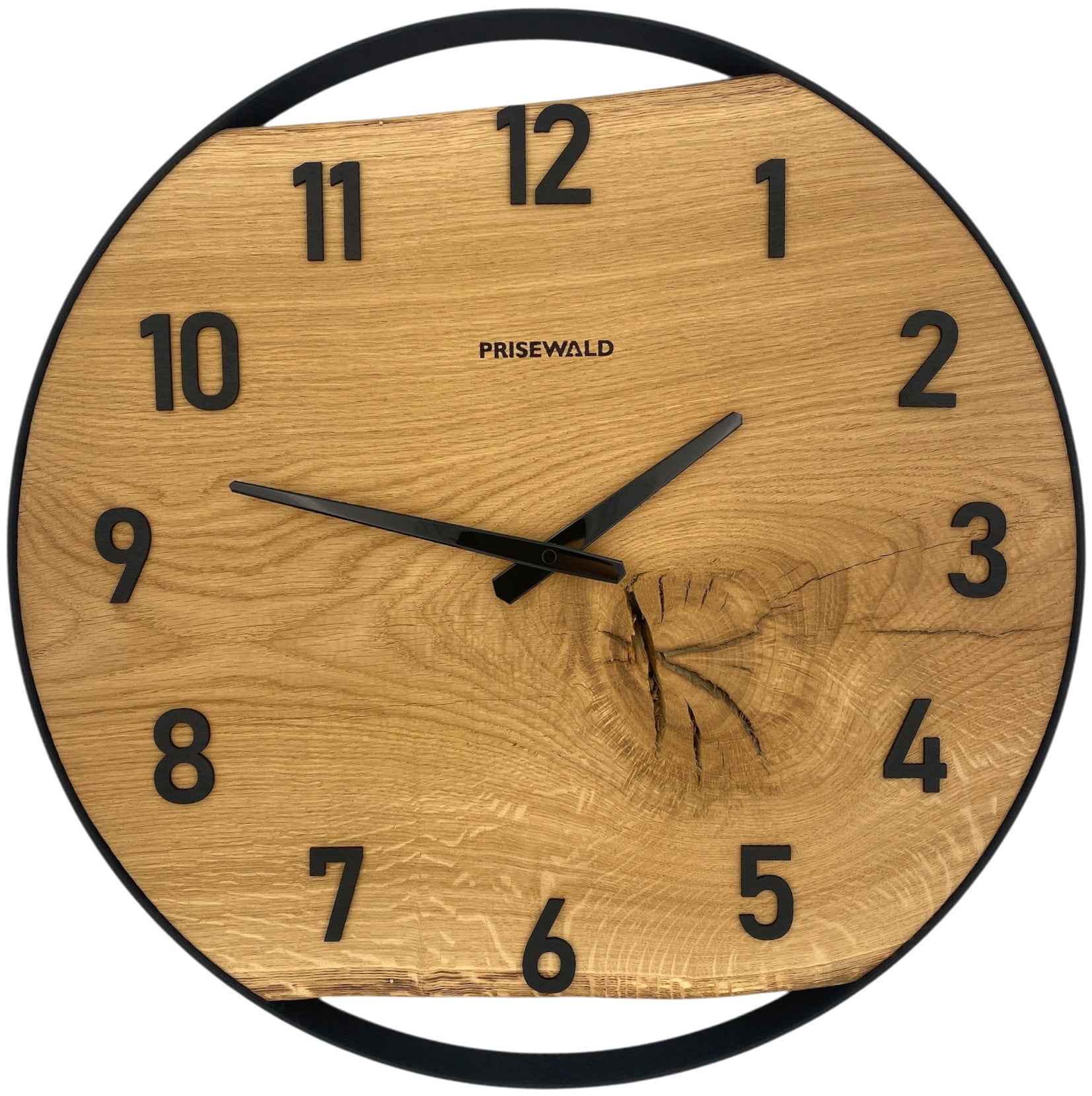 Runde Wanduhr aus Eichenholz, 50 cm, schwarzer Rahmen, arabische Ziffern, Ast im Holz