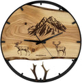 Runde Wanduhr aus Eschenholz, 50 cm, schwarzer Rahmen, Teilstriche Ziffern, Hirsche in den Bergen, Hirschgeweih