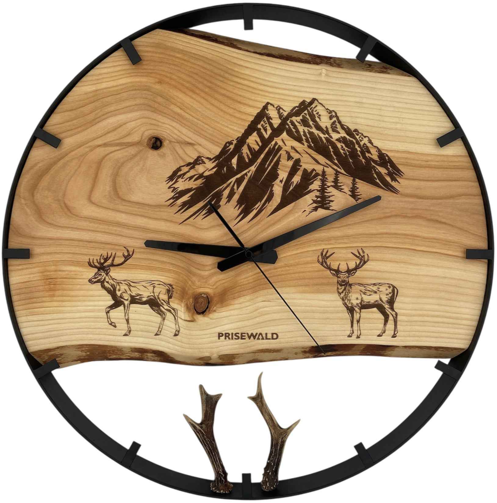 Runde Wanduhr aus Eschenholz, 50 cm, schwarzer Rahmen, Teilstriche Ziffern, Hirsche in den Bergen, Hirschgeweih