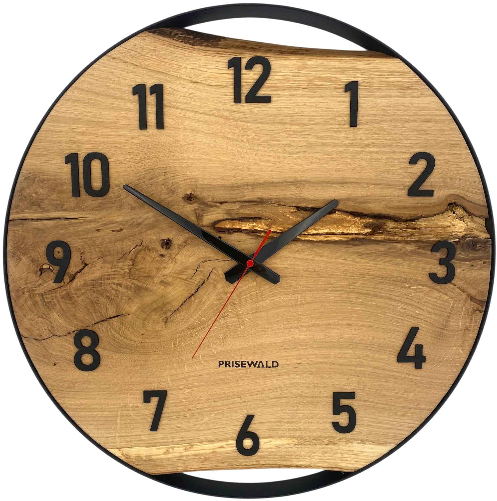 Runde Wanduhr aus Eichenholz, 50 cm, schwarzer Rahmen, arabische Ziffern, Ast im Holz