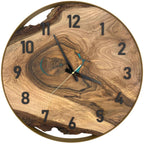 Runde Wanduhr aus Walnussholz, 50 cm, goldener Rahmen, schwarze arabische Ziffern, türkises Epoxidharz