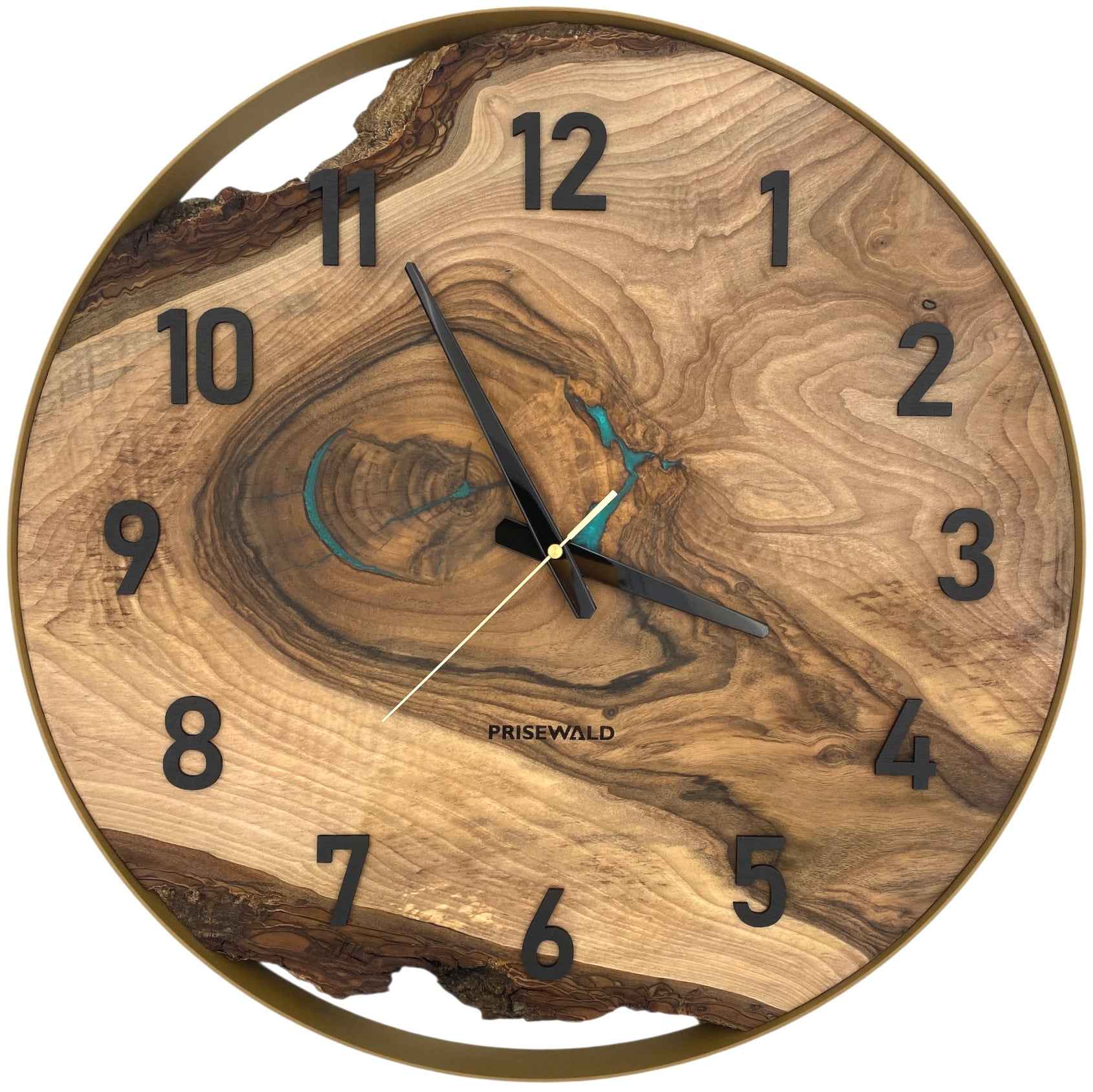Runde Wanduhr aus Walnussholz, 50 cm, goldener Rahmen, schwarze arabische Ziffern, türkises Epoxidharz
