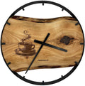 Runde Wanduhr aus Eschenholz, 50 cm, schwarzer Rahmen, Teilstriche Ziffern, Tasse Kaffee, echte Kaffeebohnen