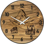 Runde Wanduhr aus Walnussholz, 50 cm, schwarzer Rahmen, arabische Ziffern, Matterhorn, Widder