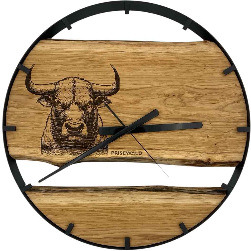 Runde Wanduhr aus Eichenholz, 50 cm, schwarzer Rahmen, Teilstriche Ziffern, Bullenhaupt mit Hörnern