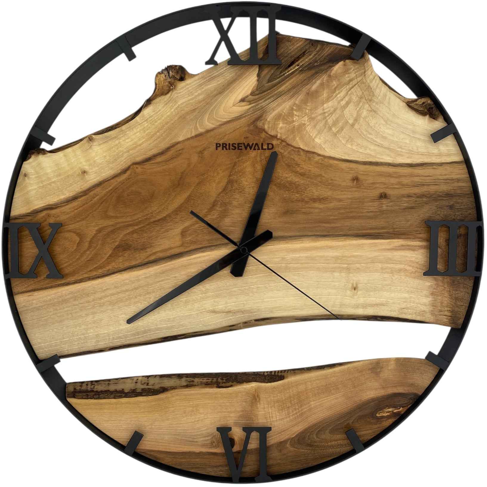 Runde Wanduhr aus Walnussholz, 50 cm, schwarzer Rahmen, römische Ziffern