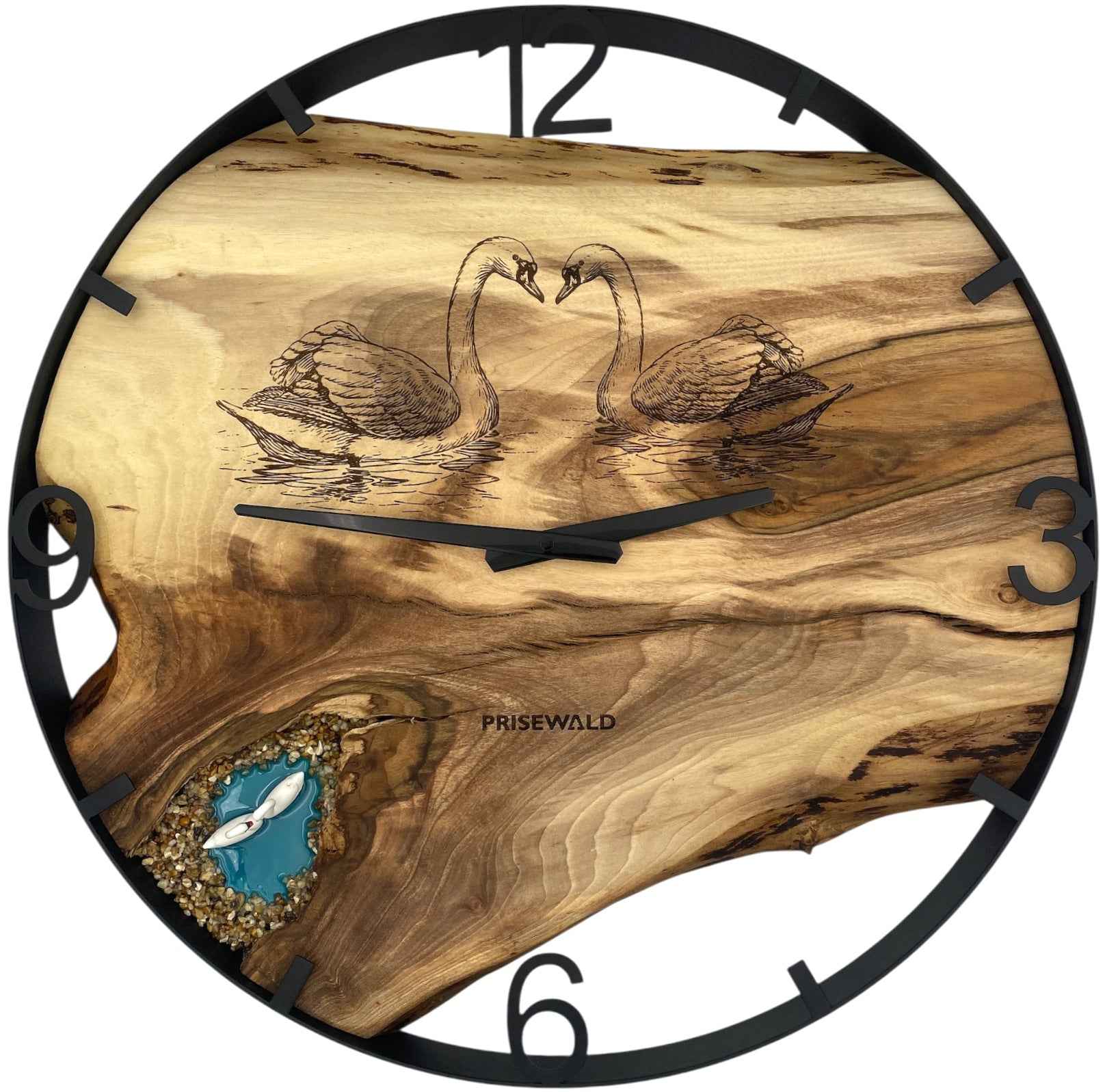 Runde Wanduhr aus Walnussholz, 50 cm, schwarzer Rahmen, arabische Ziffern, verliebte Schwäne