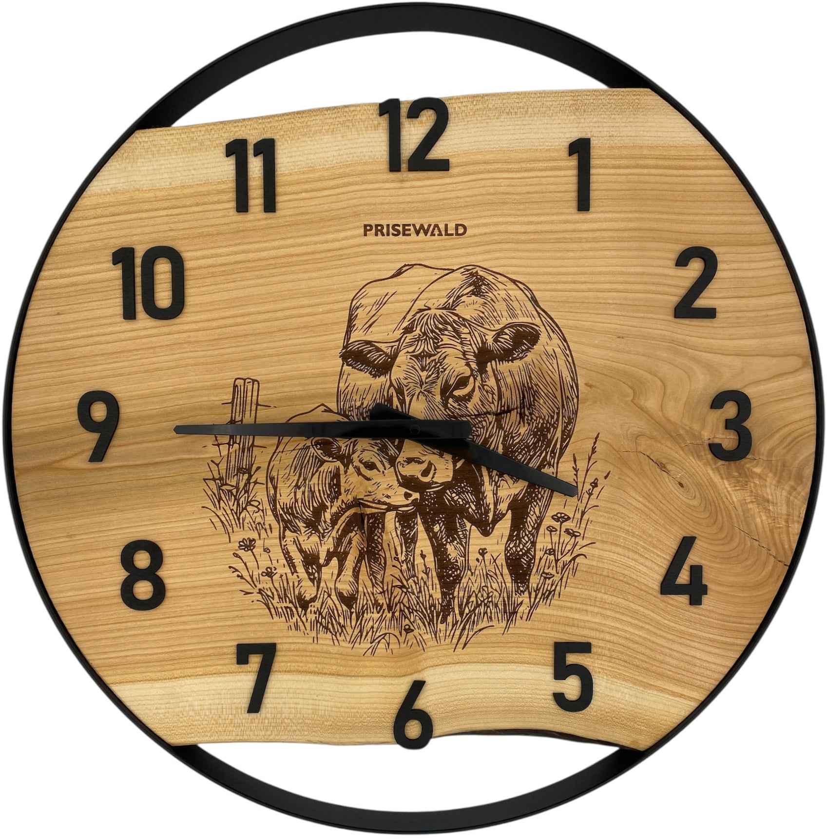 Runde Wanduhr aus Eschenholz, 50 cm, schwarzer Rahmen, arabische Ziffern, Kühe