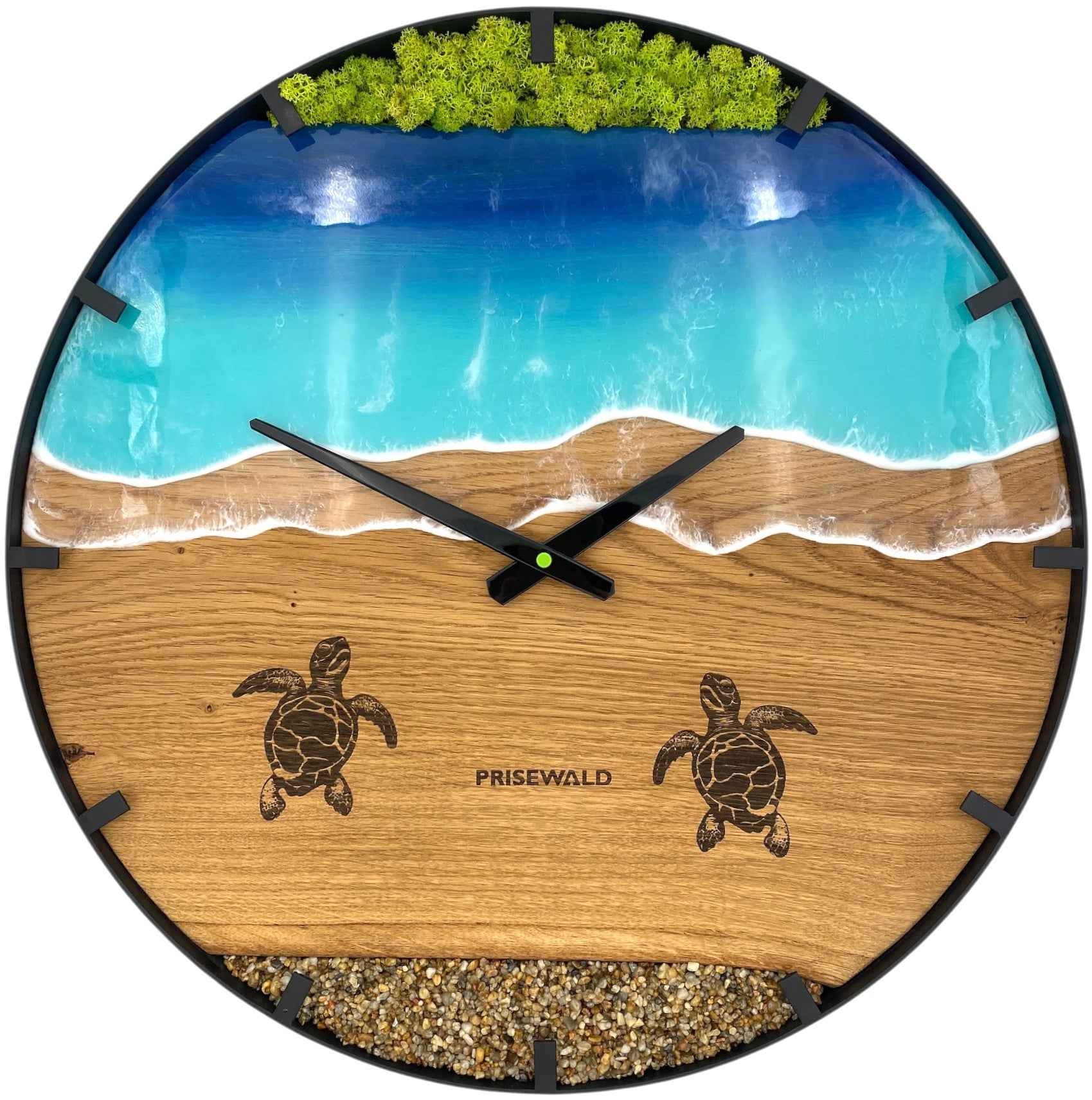 Runde Wanduhr aus Eichenholz, 50 cm, schwarzer Rahmen, Teilstriche Ziffern, türkises Epoxidharz, grünes Moos, Steine, zwei Schildkröten