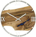 Runde Wanduhr aus Walnussholz, 50 cm, weisser Rahmen, römische Ziffern, blaues Epoxidharz