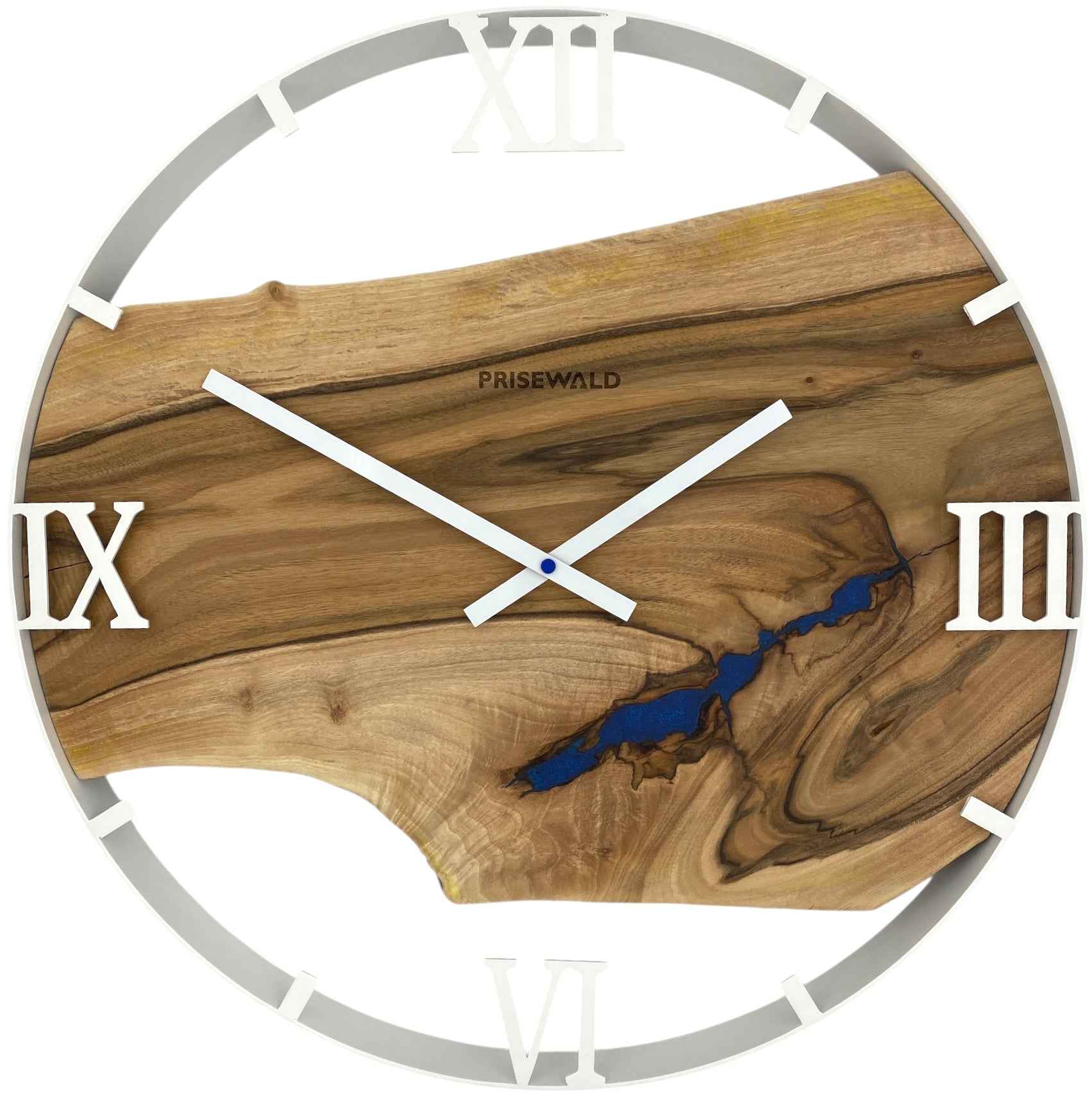 Runde Wanduhr aus Walnussholz, 50 cm, weisser Rahmen, römische Ziffern, blaues Epoxidharz