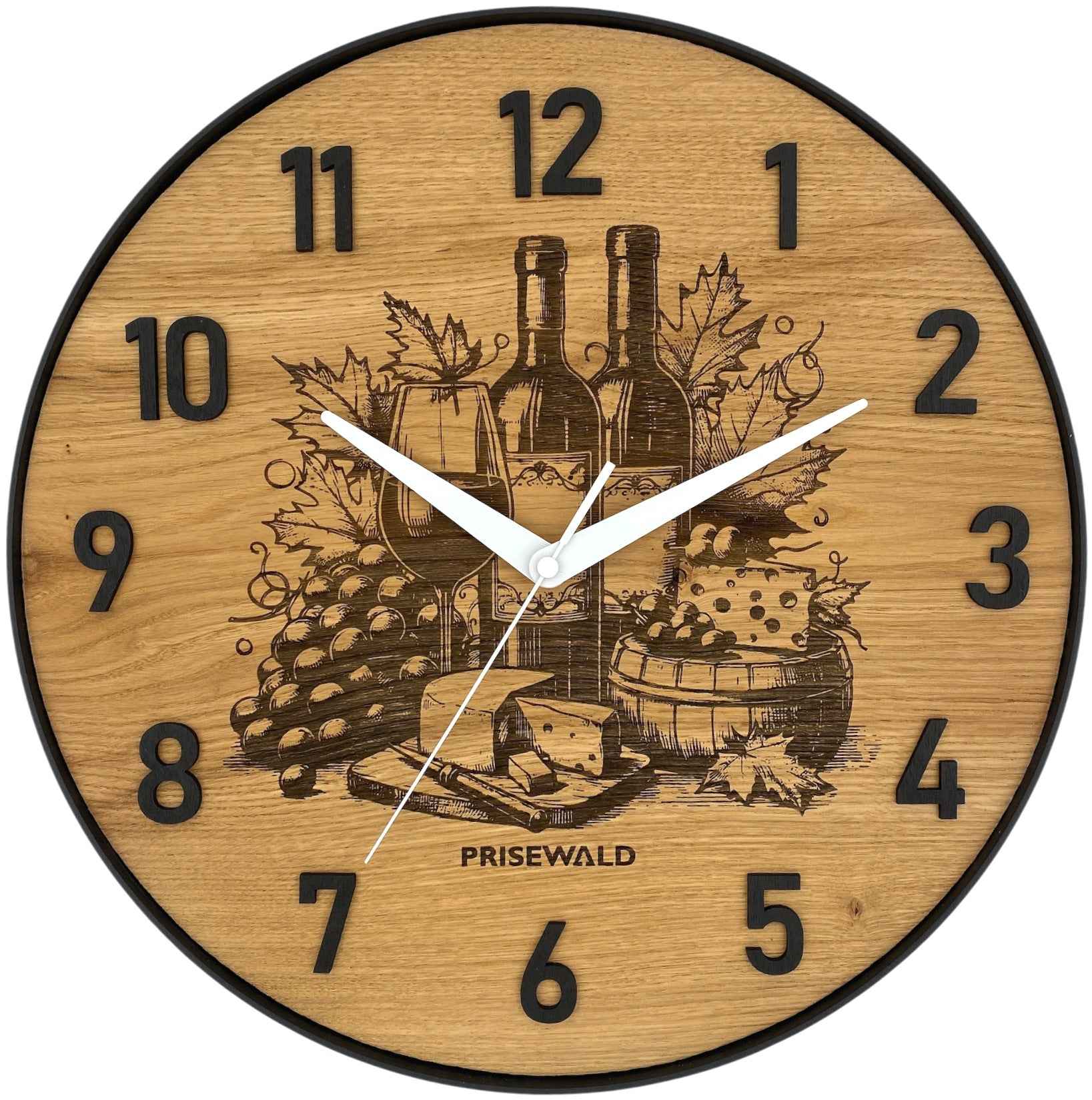 Runde Wanduhr aus Eichenholz, 35 cm, schwarzer Rahmen, arabische Ziffern, Brett mit Käse und Wein