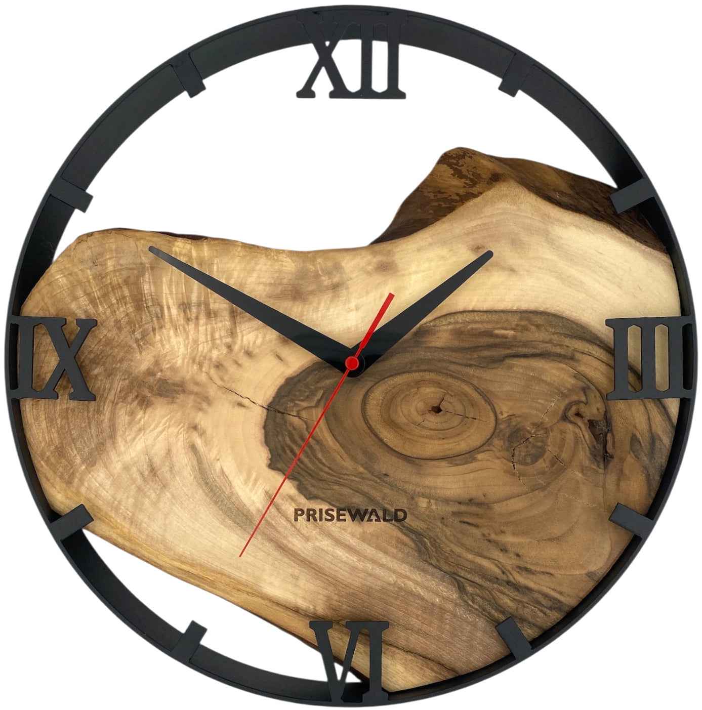 Runde Wanduhr aus Walnussholz, 35 cm, schwarzer Rahmen, römische Ziffern