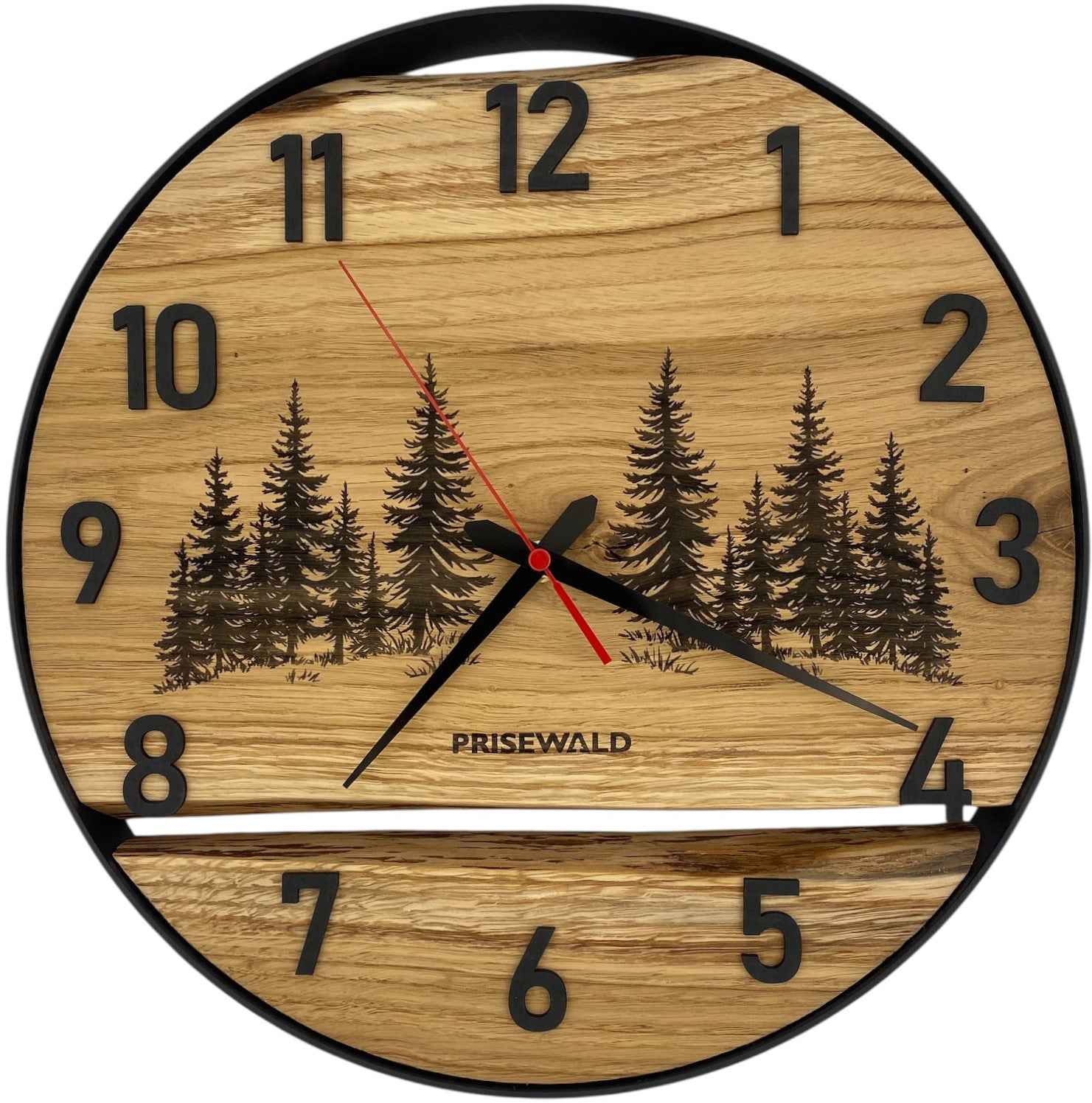 Runde Wanduhr aus Eichenholz, 35 cm, schwarzer Rahmen, arabische Ziffern, Nadelbäume