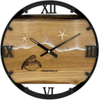 Runde Wanduhr aus Eichenholz, 35 cm, schwarzer Rahmen, römische Ziffern, Schildkröte, Durchsichtiges Epoxidharz, Seesterne