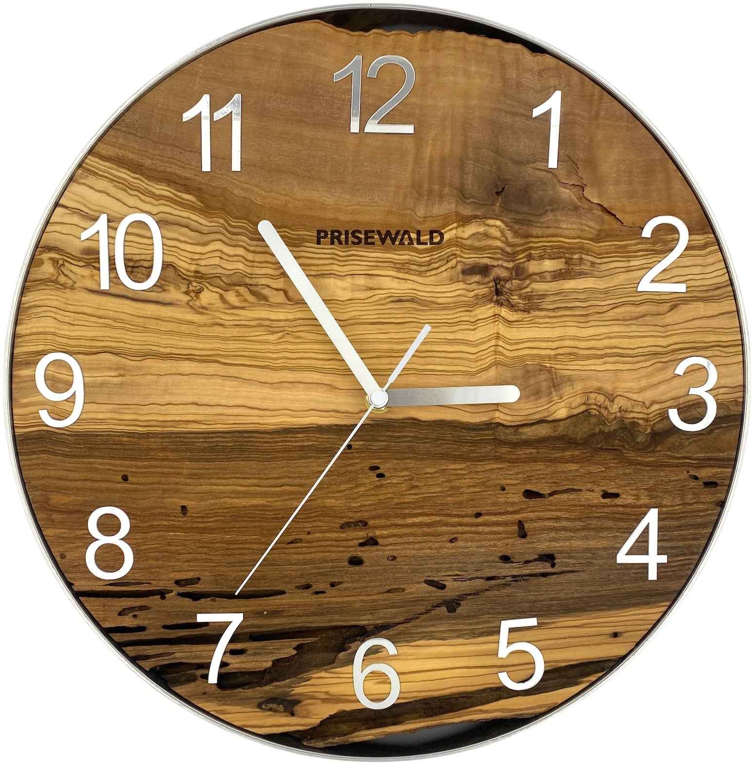 Runde Wanduhr aus Olivenholz, 35 cm, silberner Rahmen, silberne arabische Ziffern